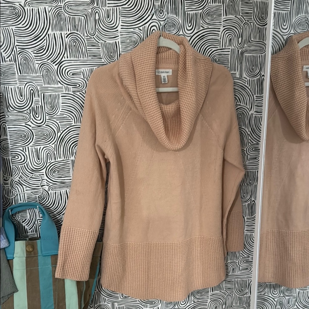 Calvin Klein Cowl Neck Sweater in Tan and Pink